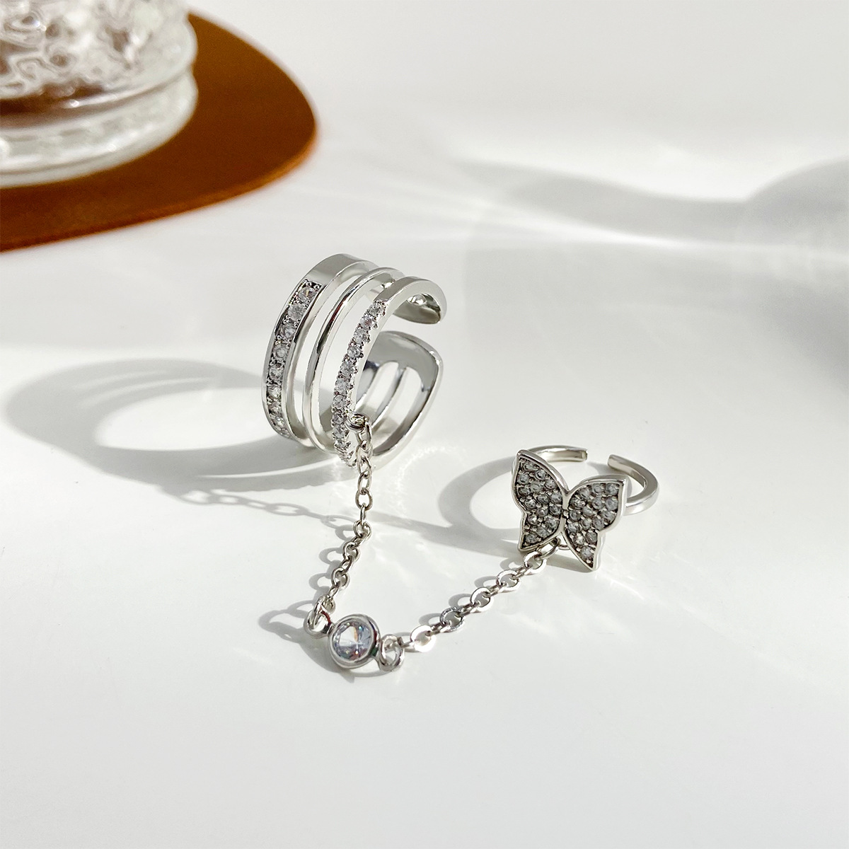 Tassel Chain Connected Ring Female Fashion Micro Inlaid Zircon Butterfly Index Finger Ring