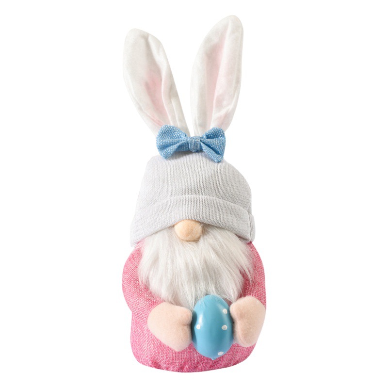 Pascua Rosa Orejas de conejo enano sin rostro muñeca vieja muñeca elfo huevo sosteniendo muñeca decoración suministros