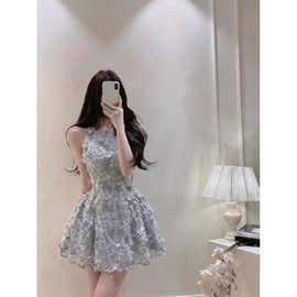忆可达 雾灰清矜 定染雾兰*盘带绣 甜美花朵蓬蓬公主风连衣裙女