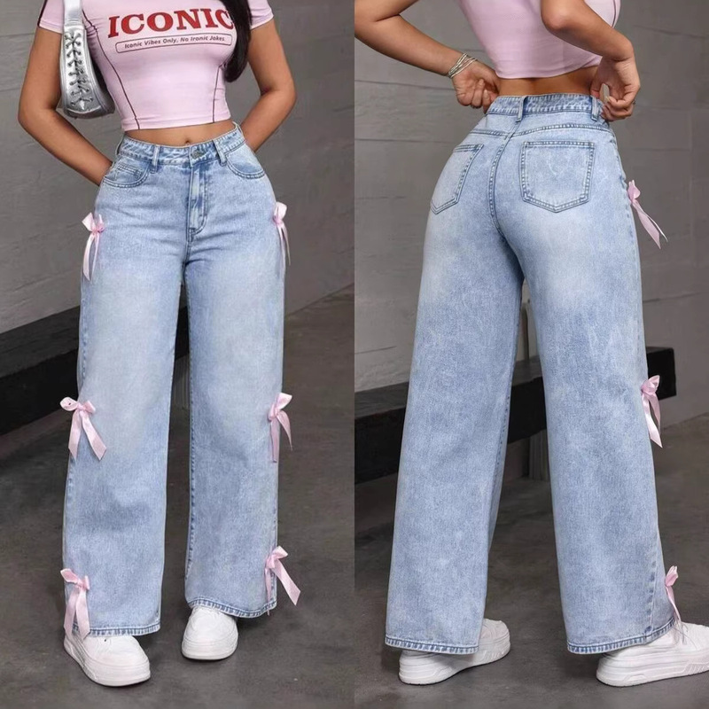 Cross-border Amazon y2k Street Spice Bow Collage Washed Jeans Loose Straight Wide Leg Pants Ins