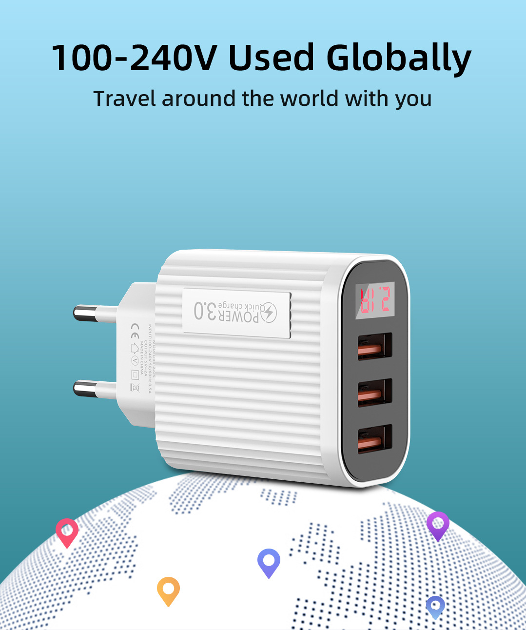 3USB Digital Phone Charger Multi port Display European American Standard Fast Charging Head Suitable for Apple and_voghion.com