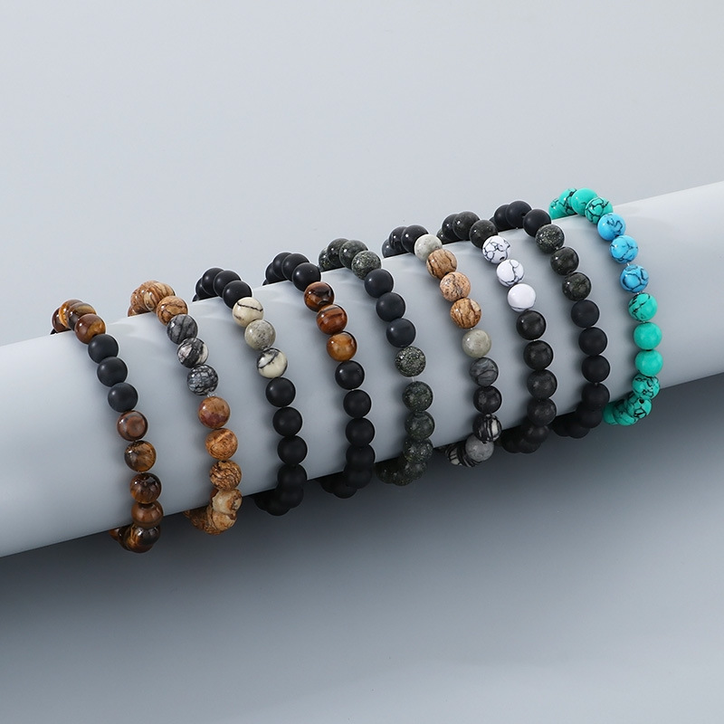 个性首饰品批发 欧美简约灰铁石磨砂黑玛瑙牛筋绳diy佛珠男款手链