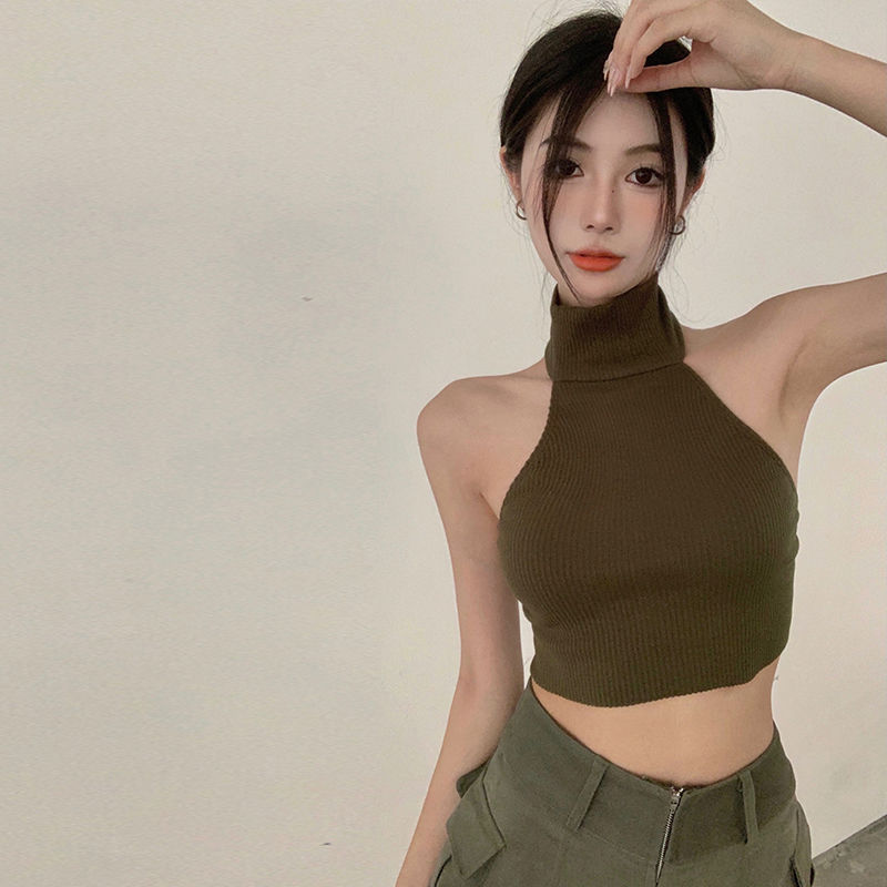 High neck sleeveless neck vest for women in summer new style for women wearing pure and sexy hot girl shoulders and beautiful back and navel exposed short top