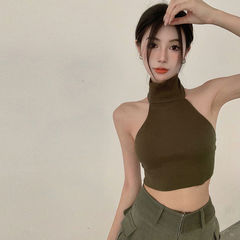 High neck sleeveless neck vest for women in summer new style for women wearing pure and sexy hot girl shoulders and beautiful back and navel exposed short top