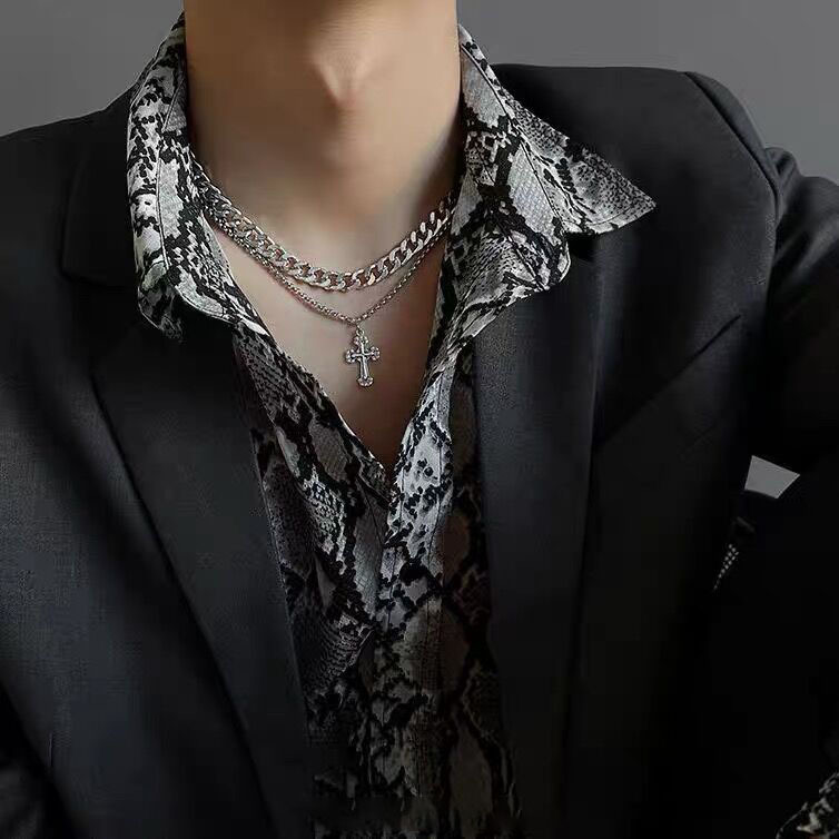 Titanium Steel Hip-Hop Cross Pendant Necklace For Men, Niche Design, Double Layer Stacked Cuban Necklace, Unique_voghion.com