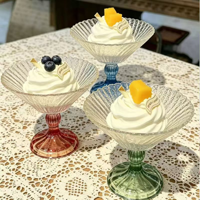 Embossed French-style tall ice cream bowl, glass dessert yogurt cup, home-use embossed fruit bowl, cocktail tea snack plate