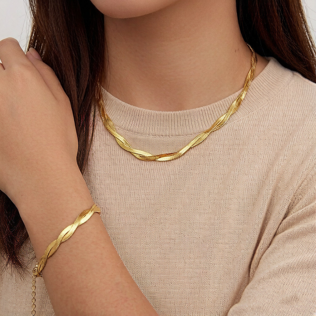 Nicho de diseño de cadena de clavícula de acero inoxidable trenzado de dos hebras pulseras de oro 18K collares joyas de tobillas para mujeres