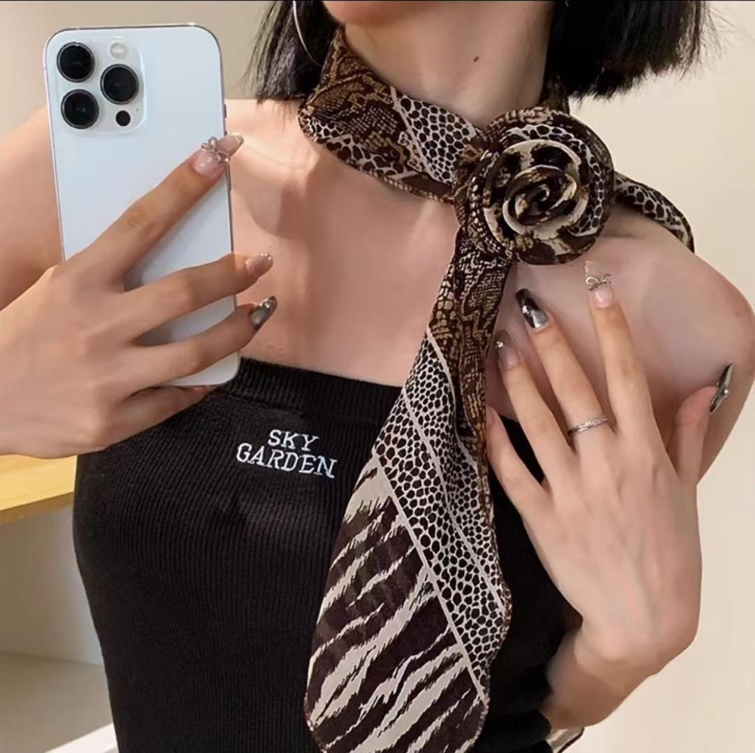 Korean Version Versatile Black Long Striped Polka Dot Rose Silk Spring Summer Thin Atmosphere Niche Neck Scarf_voghion.com