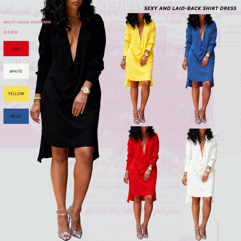 M3003 independent station International station cross-border women's clothing European and American nightclub style low-cut deep V sexy solid color dress