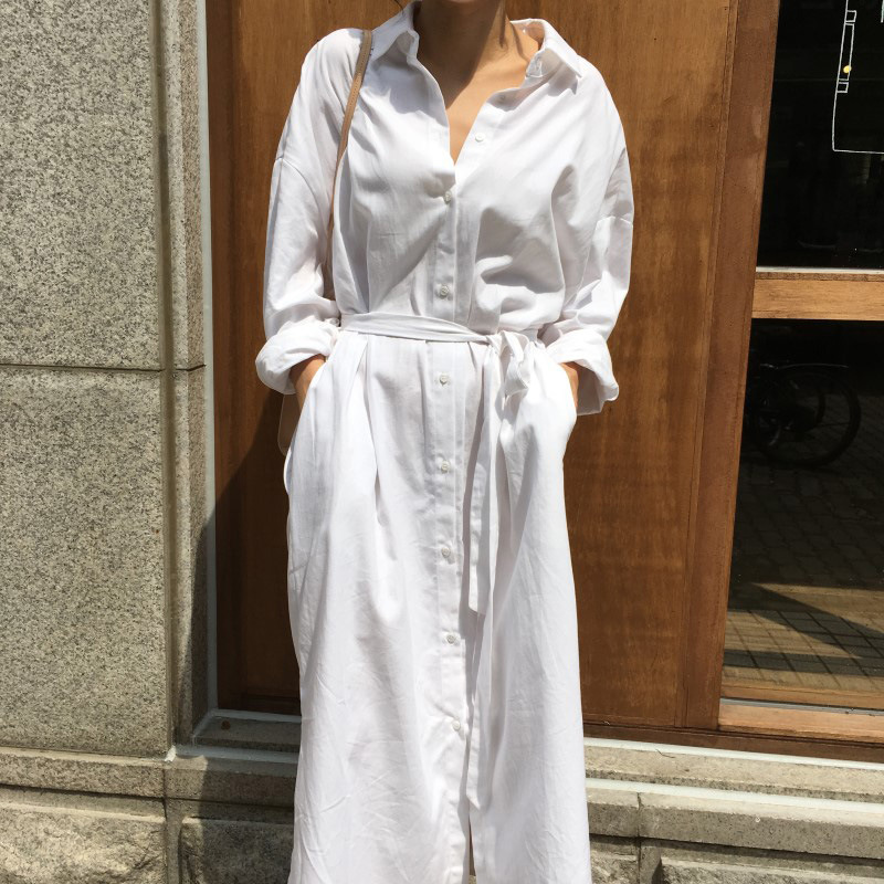 Long Shirt Dress 2024 New Tight Waist Loose Casual Student Lace-up Retro Over-knee Super Long Wide White Shirt Women