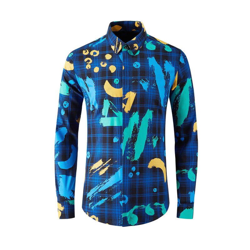 Blue Checkered Graffiti Print Men's Slim Casual Shirt Comfortable Cotton Long-Sleeved Fashion Men's Handsome Outfit Blue Checkered Graffiti Print Men's Slim Casual Shirt Comfortable Cotton Long-Sleeved Fashion Men's Handsome Outfit