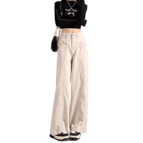 American-style trendy brand casual work denim jeans for women, new retro loose high-waist versatile straight-leg wide-leg long pants