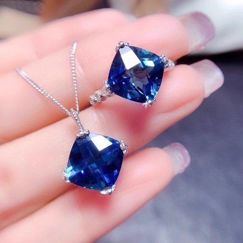 New Style Elegant Princess Cut Diamond London Blue Pendant Set with Topaz and Sapphires for Women, Adjustable Ring