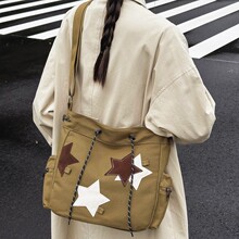 韩版ins复古布包新款女星星装饰大容量托特包单肩斜挎日常通勤包