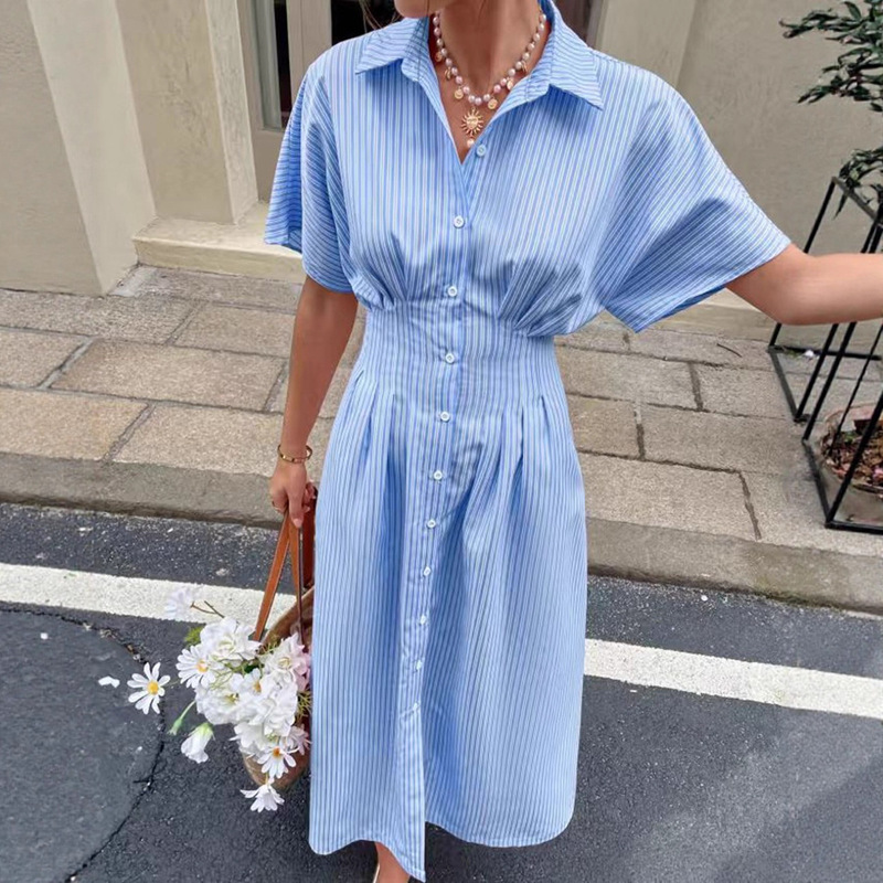 Cross-Border Amazon New Striped Waist Dress European and American Blue Short-Sleeved Women's Shirt Skirt Wholesale Cross-Border Amazon New Striped Waist Dress European and American Blue Short-Sleeved Women's Shirt Skirt Wholesale