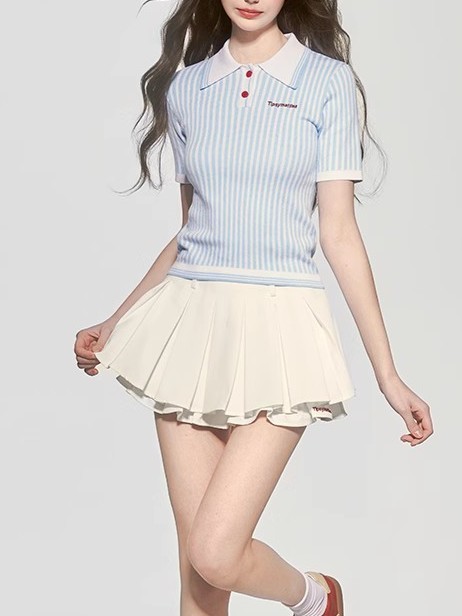 ほろ酔いの朝の夏の新しいポロシャツトップ縦ストライププルオーバー半袖セーター女性用|undefined