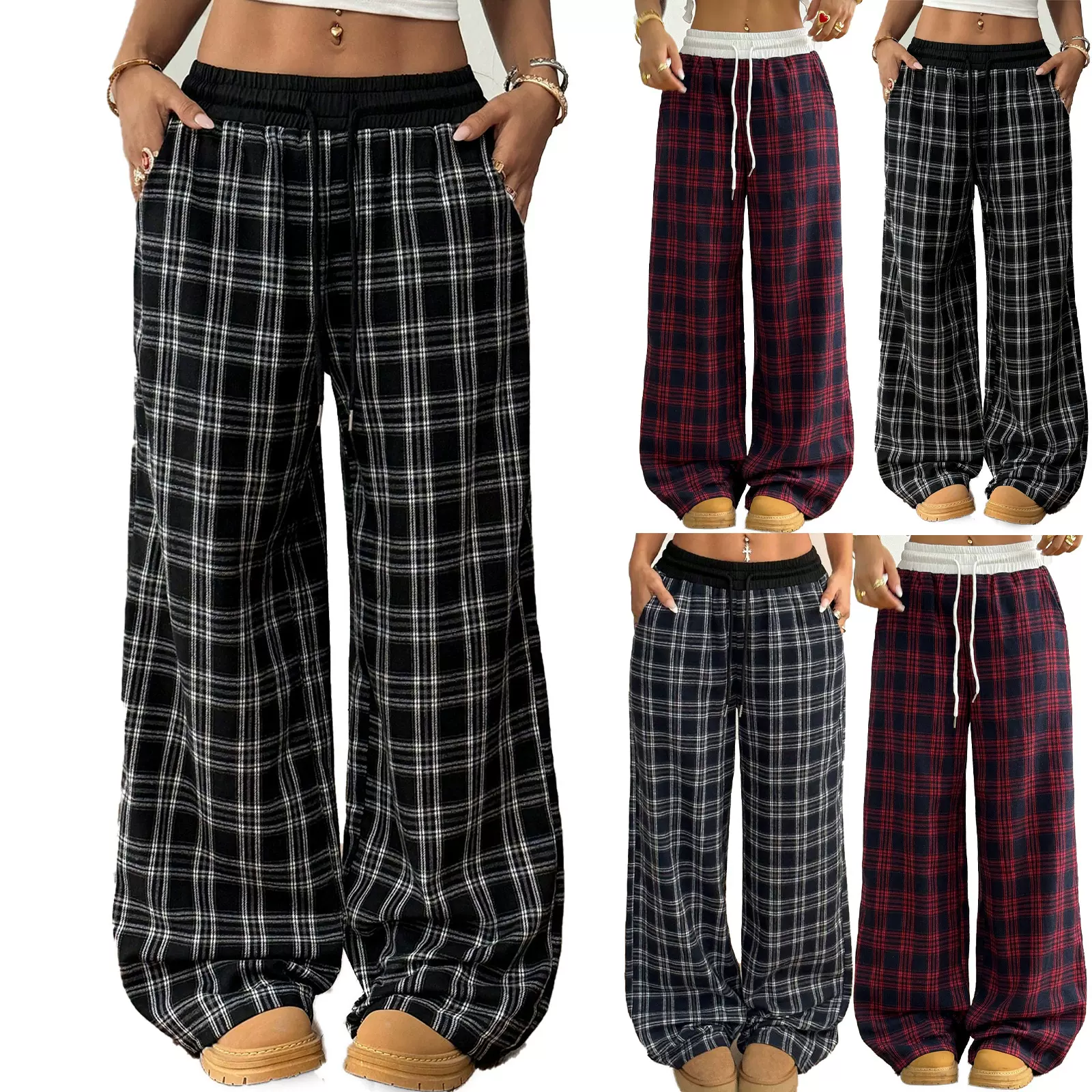 2025跨境欧美亚马逊temu宽松直筒格纹拼接定位印花休闲运动裤女士