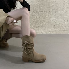 法式复古气质流苏靴尖头褶皱堆堆靴女百搭显瘦粗跟短靴废土骑士靴