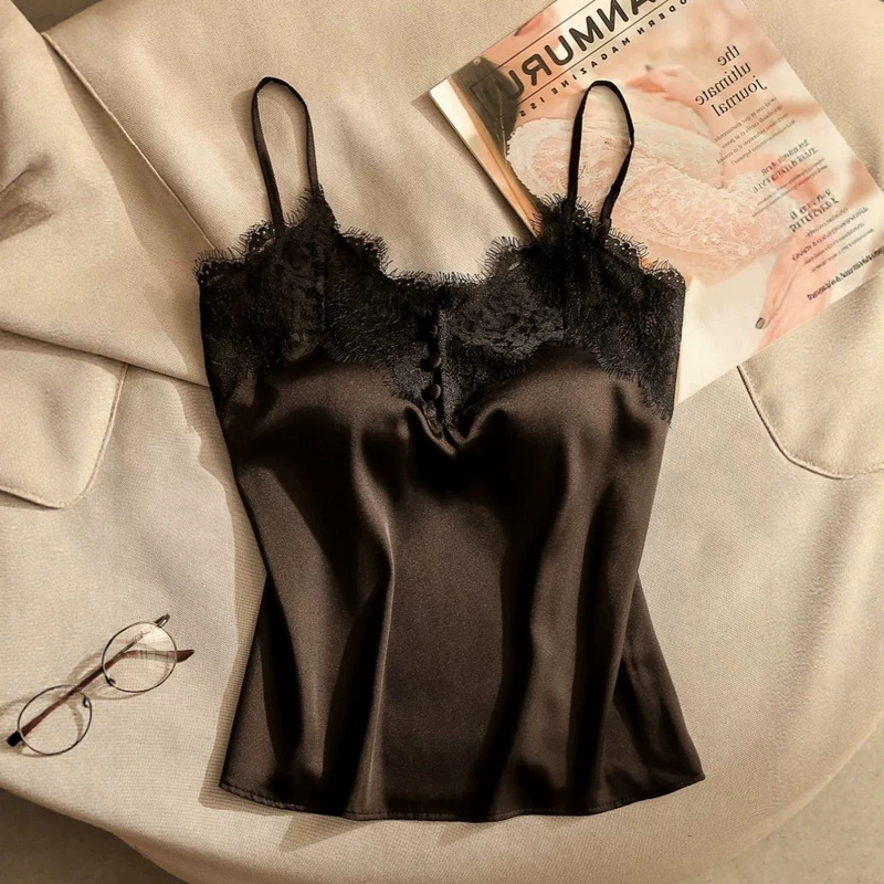 Acetate Satin Camisole with French Lace, High-End Style, Short Design for Women, Suitable for Layering, New Spring/Summer Collection