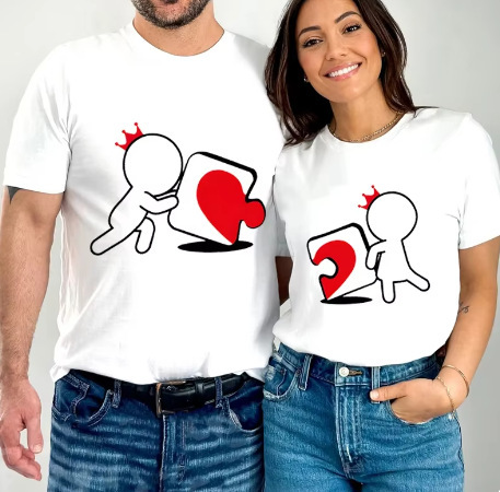Cartoon Girl Boy Heart Puzzle Print Couple Short Sleeve Loose King Queen Shirt Women Men T-Shirt
