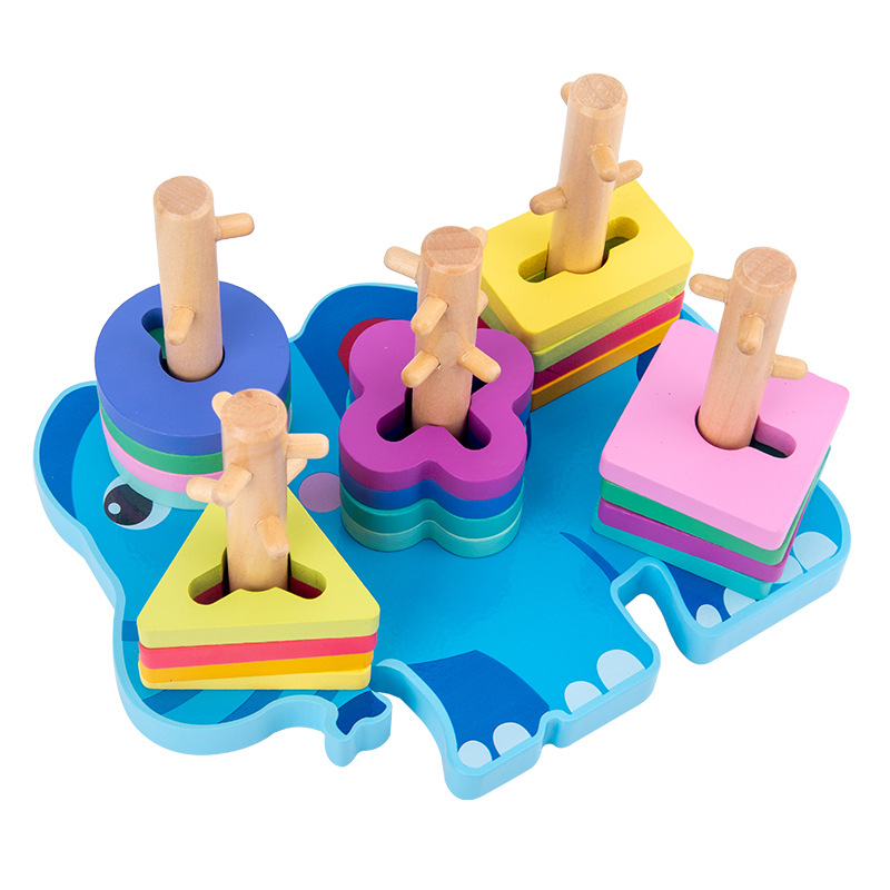Niños de madera geométrica forma de animal bloque de construcción columna bebé puzzle madero cinco pilares juguetes de madera al por mayor
