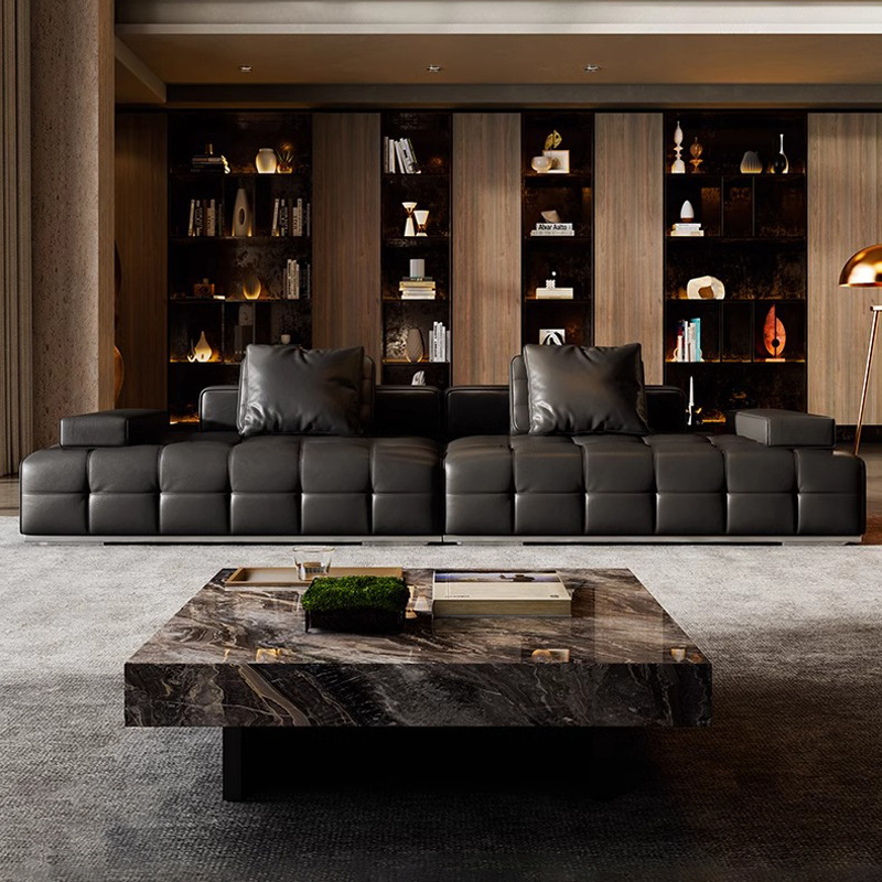 Sofá Lawrence sofá de cuero italiano minimalista sala de estar gran piso villa sala de estar recta sofá negro combinación