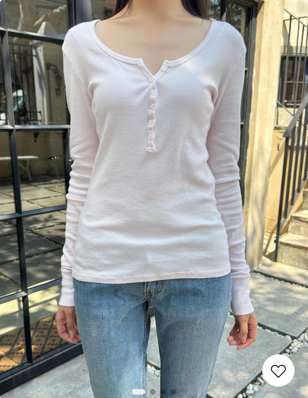 Bm Style Light Pink Six-Button Round Neck Long-Sleeved T-Shirt Top for Women Bm New Pure Color Sweet Slim Bottoming Shirt