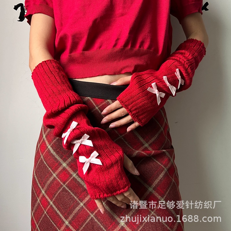 Summer cross-border new year Big Red bowknot fingerless gloves oversleeve wool knitted Christmas arm sleeve