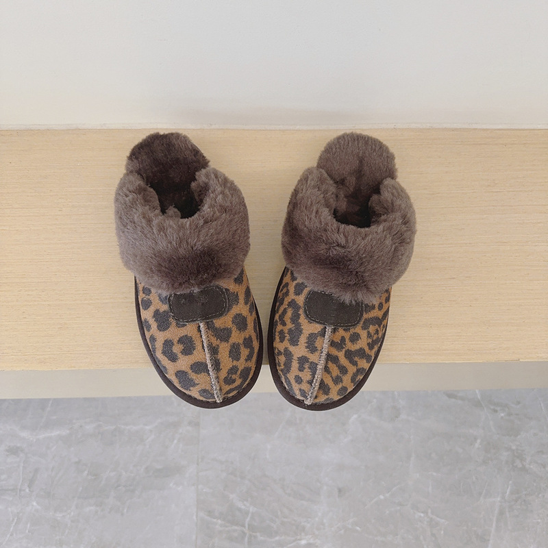 Cross-border plus size Baotou Slippers Snow Boots Genuine Leather Casual Lazy Slip-on Cotton Shoes Warm Leopard-print Thickened Two-way Wear