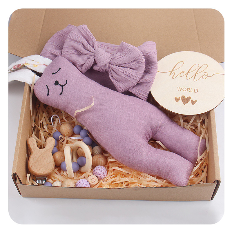 Clip de chupete de madera de haya de conejo de dibujos animados para bebés, banda para el cabello con lazo para bebés, cadena de chupete, juego de cinco piezas