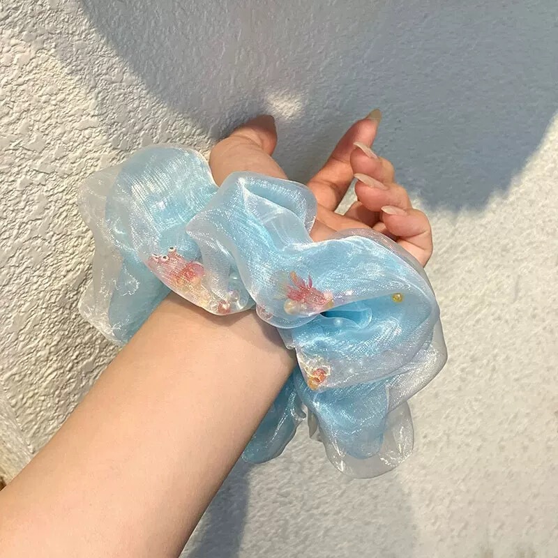 波妞的夏天~ 新款小金鱼泡泡欧根纱大肠发圈女小清新甜美扎头发绳|undefined