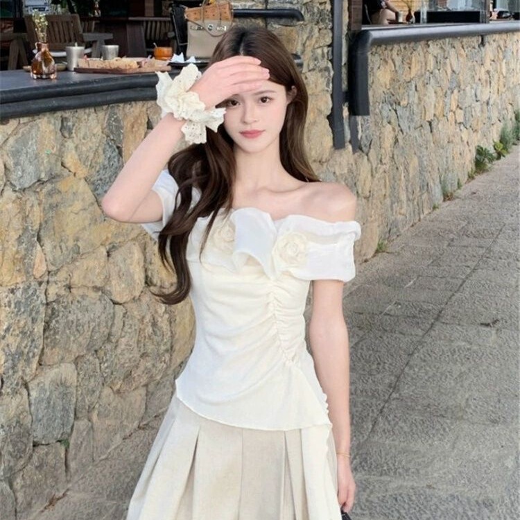 Pure Desire Style Cloud Bubble One-Shoulder Ribbon Blouse Irregular T-Shirt Summer Slim Fit Top Pure Desire Style Cloud Bubble One-Shoulder Ribbon Blouse Irregular T-Shirt Summer Slim Fit Top