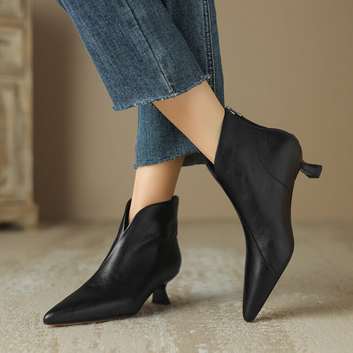 Women's Spring/Fall Nude Boots: Sleek, Sexy French-Style Ankle Boots in Solid Color—Featuring Genuine Leather, Delicate Metal Heel, and Pointed V-Shape Toe