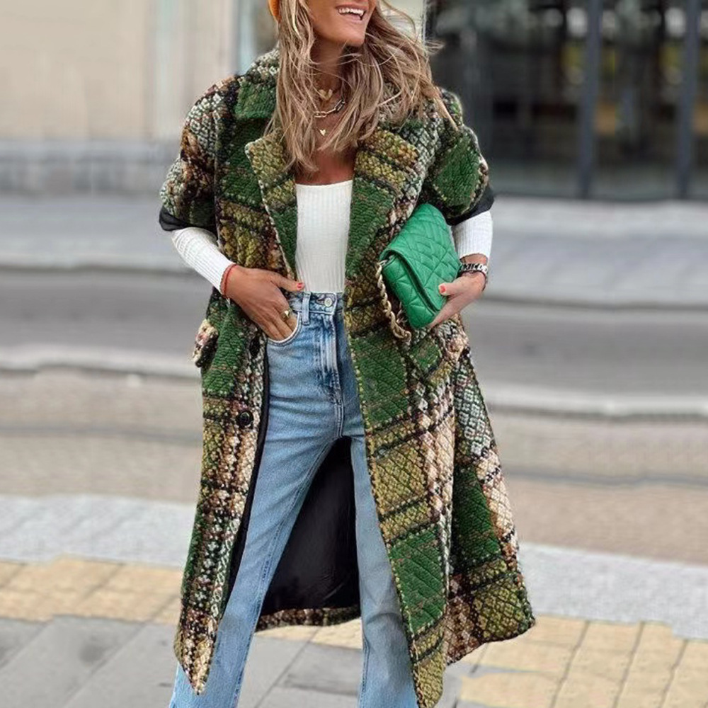 Women's Clothing Autumn and Winter New Women's Fashion Long Sleeve Lapel Jacket Printed Tweed Long Coat_ipsvogv.com