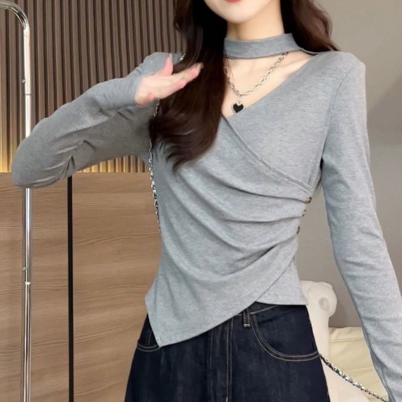 大码不规则时尚长袖T恤打底衫女春秋修身显瘦遮肉设计感外穿上衣|undefined