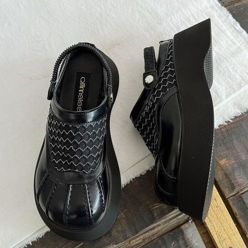 Women's thick-soled sandals 2025 summer lace mesh fisherman shoes heightening toe half slipper fairy net beach shoes 