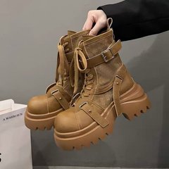 爆款欧美风系带厚底短靴女2025新款秋季小个子增高复古百搭马丁靴