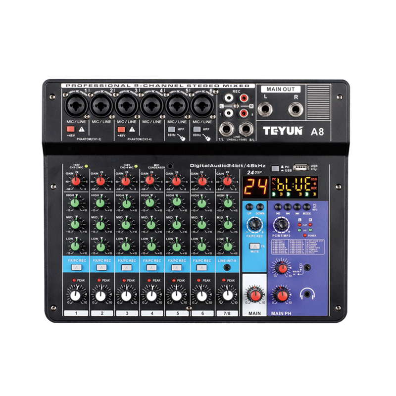 特韵 专业8路数字调音台声卡 麦克风手机直播电脑录音dj音响设备