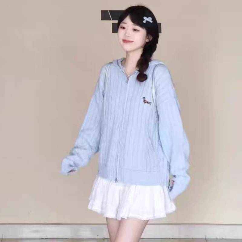 韩系穿搭粉色麻花连帽开衫毛衣女秋款宽松外穿慵懒风针织上衣|undefined