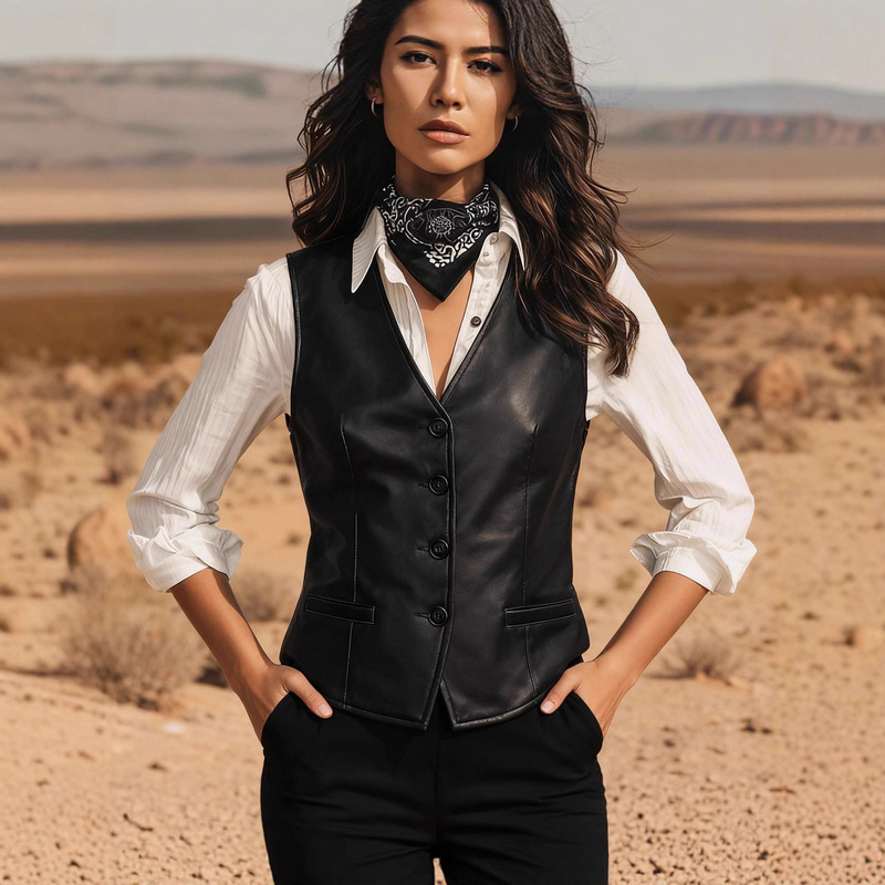 Cross-Border French V Neck Women's Vest Sleeveless Pu Vest European and American High-End Black Jacket Women's Coat