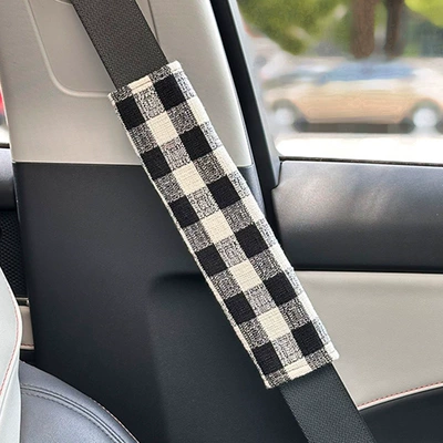 Casual Plaid Car Seat Belt Shoulder Cover Car Shoulder Cover High-End Fabric Anti-Wear Car Decoration Supplies (Seat belt shoulder pad) - woolen-plaid-shoulder-pads-black