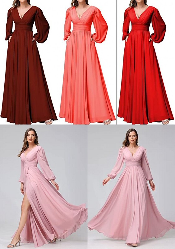2023 foreign trade wholesale women's long sleeve bridesmaid dress wedding long v-neck chiffon cocktail party evening dress