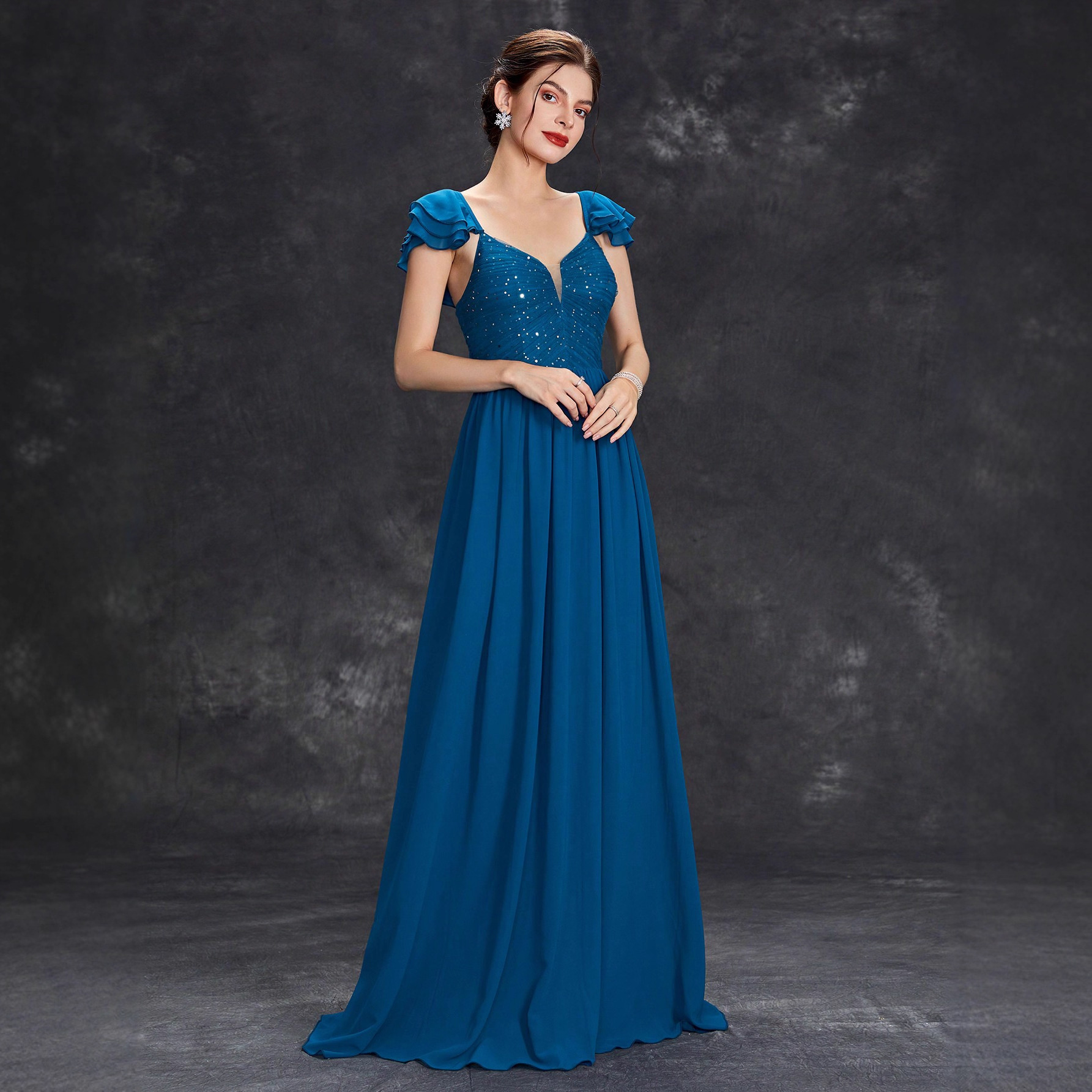 European and American Blue Ball Evening Dress Aliexpress Amazon Cross-Border New Suspender Dress Long Host Dress