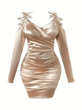 R 34060 Satin Lace Bodycon Dress ������˿����ȹ �羳ŷ����