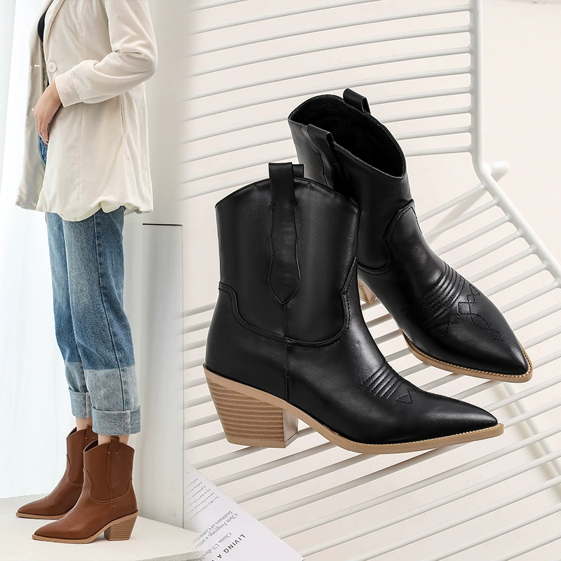 Европейские и американские стильные короткие джинсовые сапоги на среднем каблуке, новинка осени-зимы 2025, сапоги челси с острым носком для женщин, большие размеры, сапоги для верховой езды