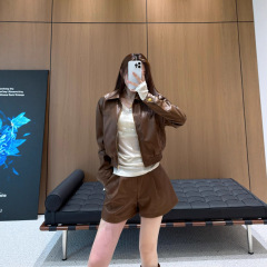 mm皮衣套装机能女团风翻领字母刺绣外套搭配拼接短裤25秋冬套装