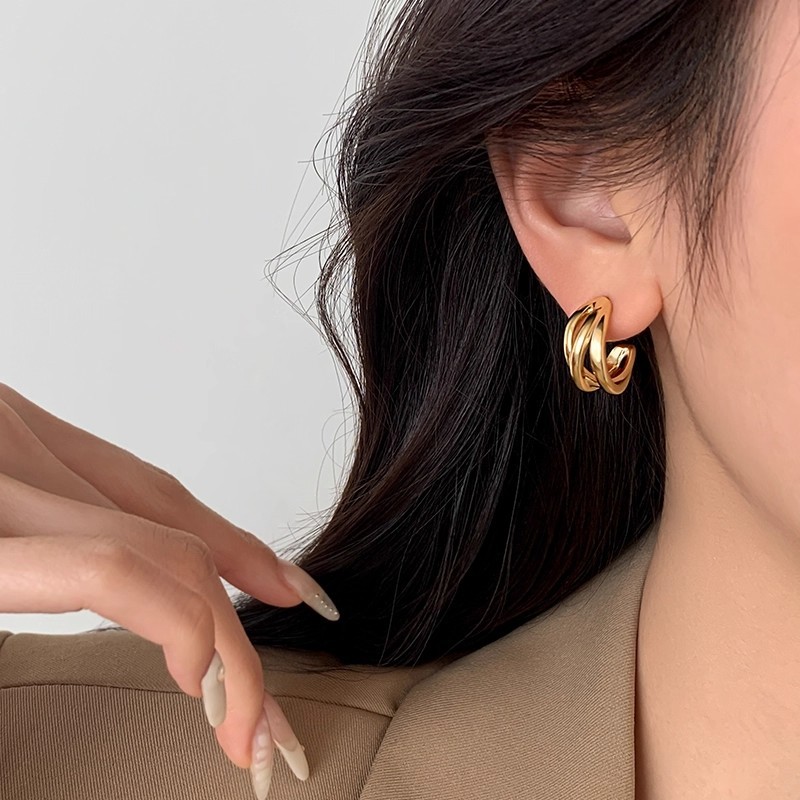 Light Luxury Metallic Silver Needle Hoop Earrings, Niche High-End Earrings for Women, Elegant Ear Studs and Hoops, 2025 New Style Earrings