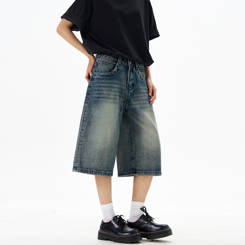LKTM Men's Summer American Style Vintage Washed Denim Cropped Pants Men's and Women's High Sense Loose Profile Short Pants