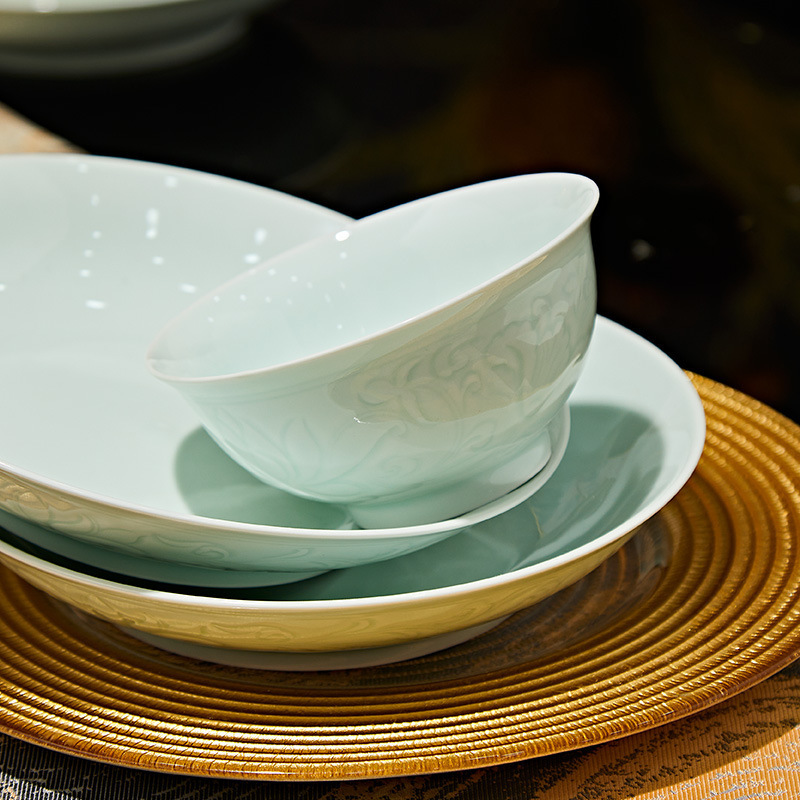 Jingdezhen Song's Aesthetic Ceramics High-Temperature Underglaze Color Blue and White Porcelain Bowls and Plates Household Chinese Relief Oval Dishes