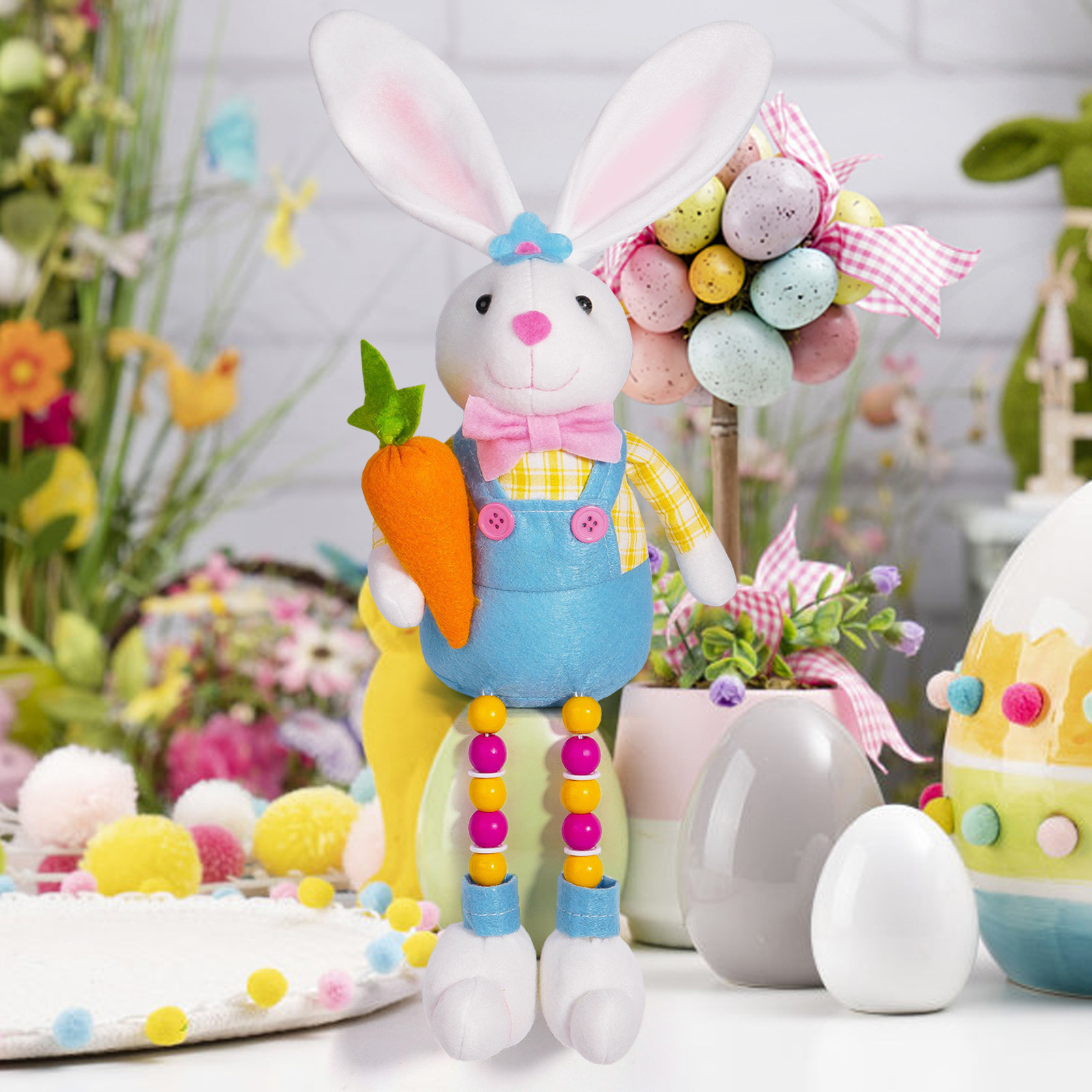 Nuevos productos transfronterizos muñecas de conejo de Pascua, flores de rábano sentadas, muñecas de perlas y pies, adornos decorativos de vacaciones